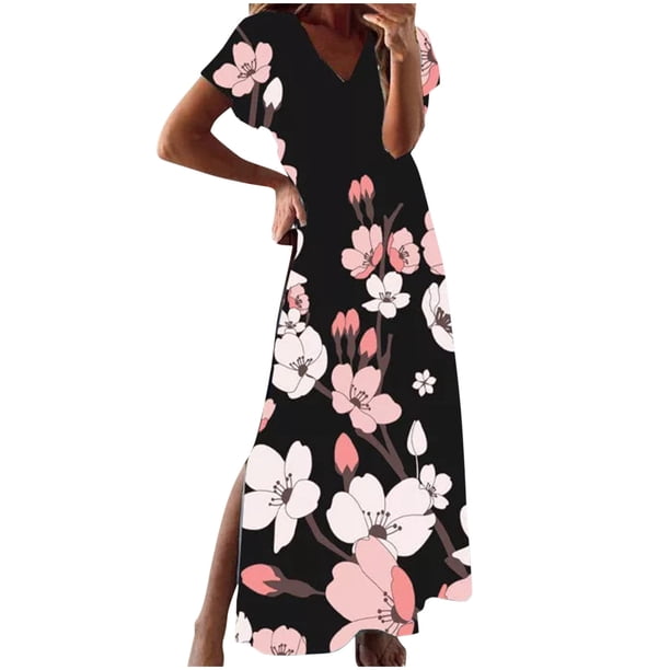 Vestido largo de playa con cuello redondo y manga corta con estampado floral sexy informal a la moda para mujer Pompotops ghjkhdj15358