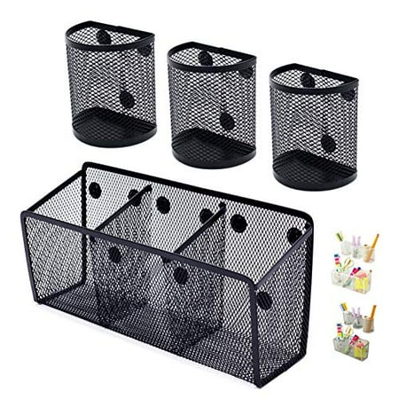 Awesome Office Supplies Black Magnetic Pencil Holder (4-pack) - Strong Magnet Wire Mesh Storage Basket Organizer Organizes Pens, Pencils, Markers for Locker Accessories, Fridge, Cubicle Desk, Offices