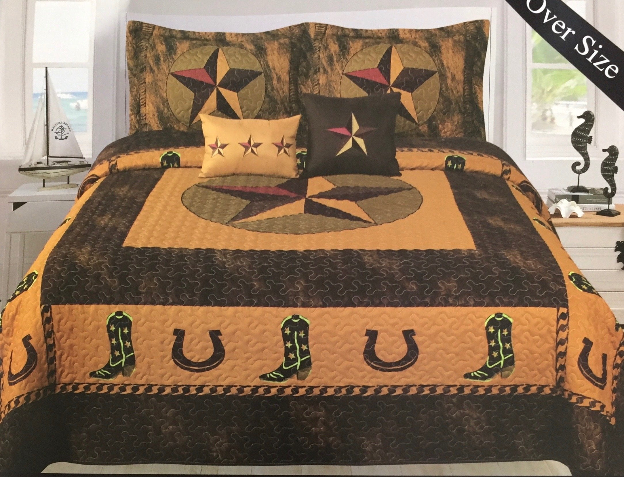 3 PIECE Texas Rustic Western Star Cowboy Design Quilt Barbed Wire BedSpread NEW!