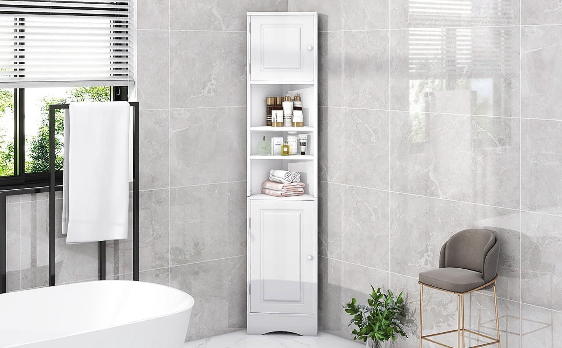 Leumius Multi-Functional Corner Bathroom Storage Cabinet with Two Doors, Adjustable Shelves, Open Shelf, Triangle Space-Saving Design, White Finish