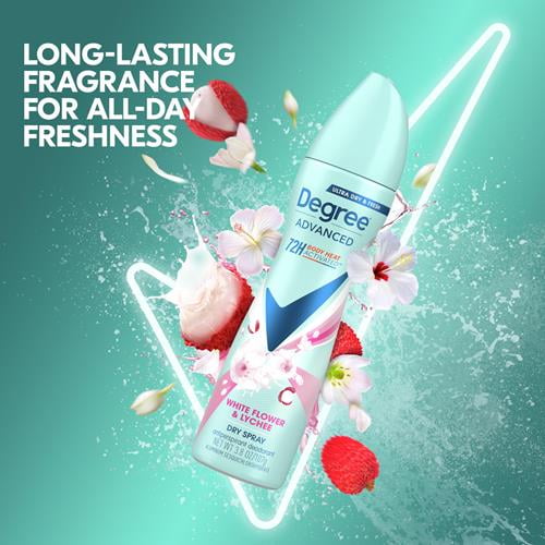 Degree Antiperspirant Deodorant Dry Spray White Flowers & Lychee 72-Hour Sweat & Odor Protection Deodorant Spray For Women With Body Heat Activated Technology 3.8 Oz Packaging May Vary - Pack of 2