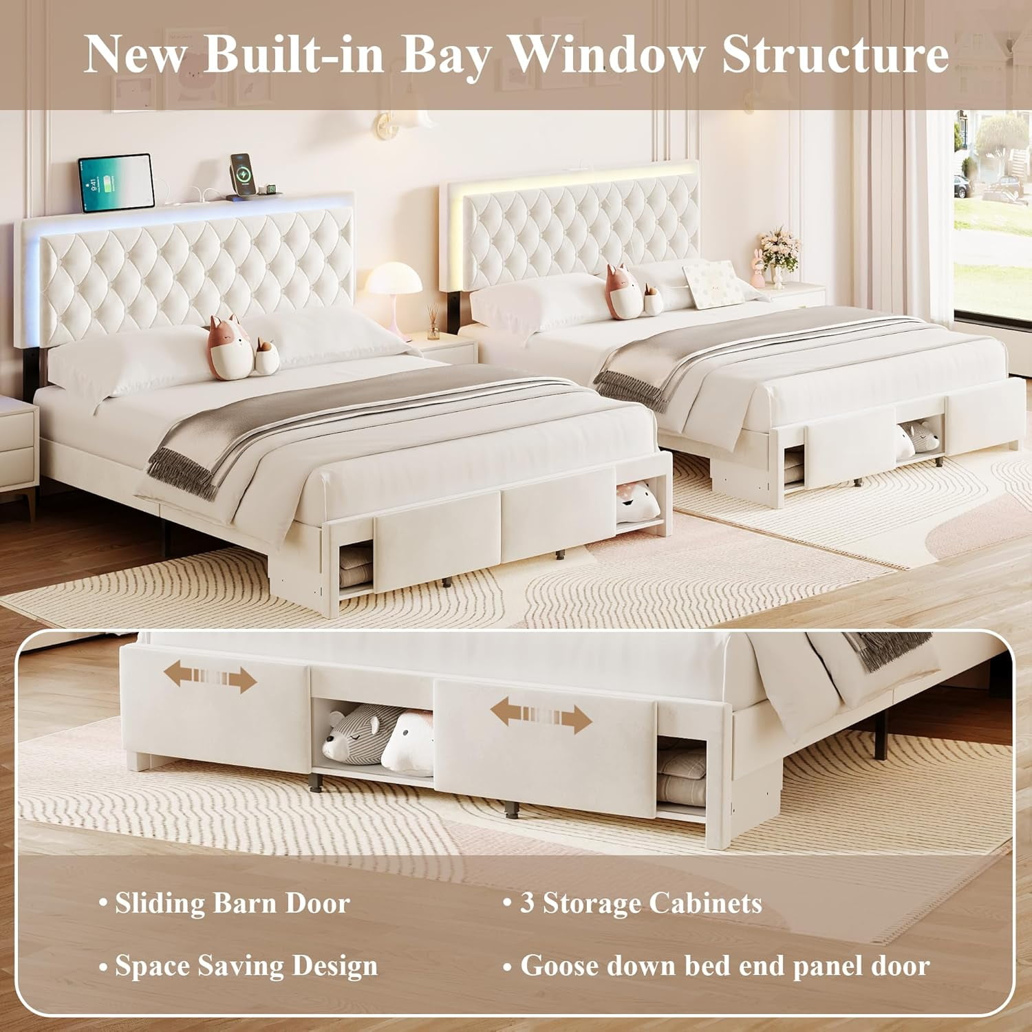 Queen Size Bed Frame with Storage, LED Bed Frame Queen with Adjustable Headboard, Upholstered Velvet Platform Queen Bed Frames with Charging Station, Wooden Slats Support, No Box Spring Needed, White