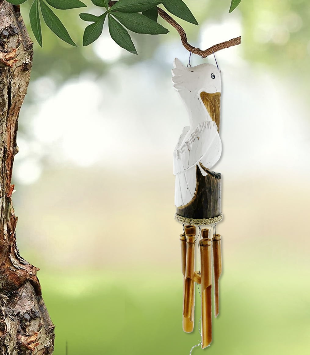 Pelican Windchime - Hand Carved Wood and Bamboo - Coastal Nautical Patio Décor Outdoor Wind Chime