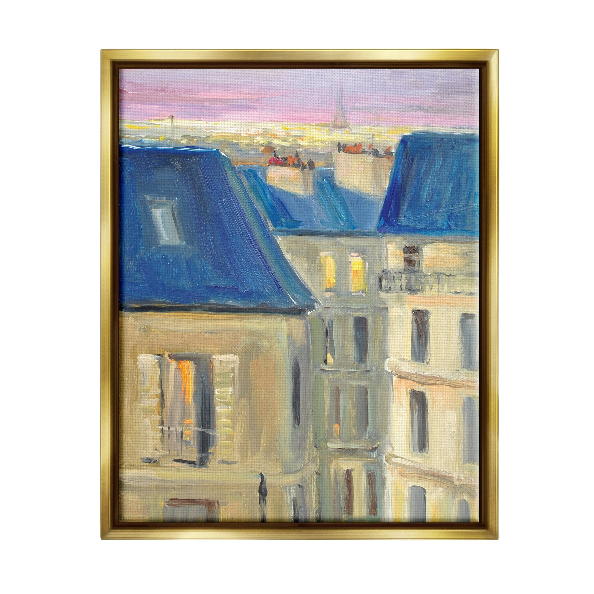 Stupell Industries Cozy Urban City Neighborhood Pink Sunset Sky Painting Metallic Gold Floating Framed Canvas Print Wall Art, Design by JG Studios