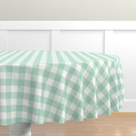 

Cotton Sateen Tablecloth 70 Round - Small Mint Buffalo Check Gingham Green Watercolor Painted Plaid Print Custom Table Linens by Spoonflower