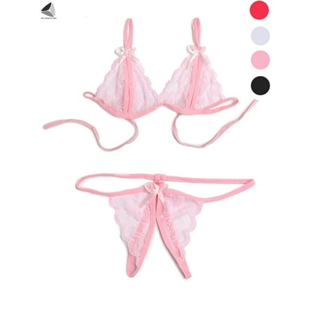 PULLIMORE Womens Sexy Lingerie Lace Bra Thong Panty Set Babydoll Underwear (Pink  M