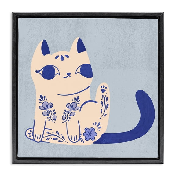 Stupell Industries Modern Ornate Floral Cat Black Floating Frame Canvas Art, 18 x 18, by Carrie Cantwell