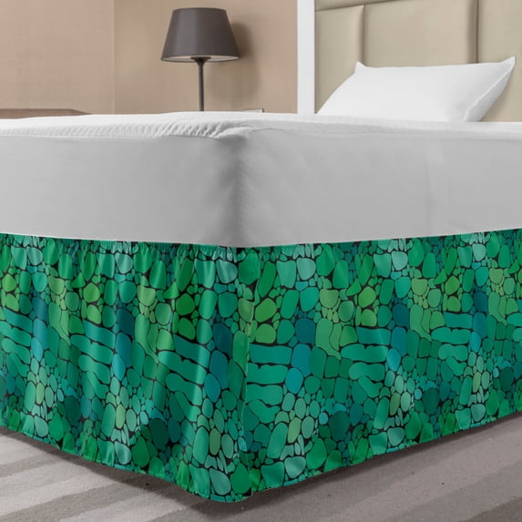 Alligator Bed Skirt, Exotic Crocodile Snakeskin Abstract Pattern Graphic Animal Print, Elastic Bedskirt Dust Ruffle Wrap Around for Bedding Decor, 4 Sizes, Teal Sea Green and Black, by Ambesonne