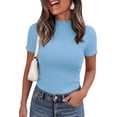 thumbnail image 3 of PRETTYGARDEN Short Sleeve T Shirts for Women Summer Clothes Casual Spring Tops Ruffle Mock Neck Ribbed Fitted Basic Tees, 3 of 9