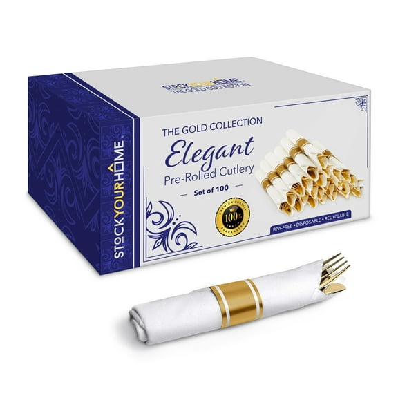 100 Pack Pre Rolled Gold Plastic Cutlery Set, Individually Wrapped Plastic Silverware Set with 100 Forks, 100 Knives, 100 Spoons, 100 Napkins, Disposable Utensils for Party and Wedding