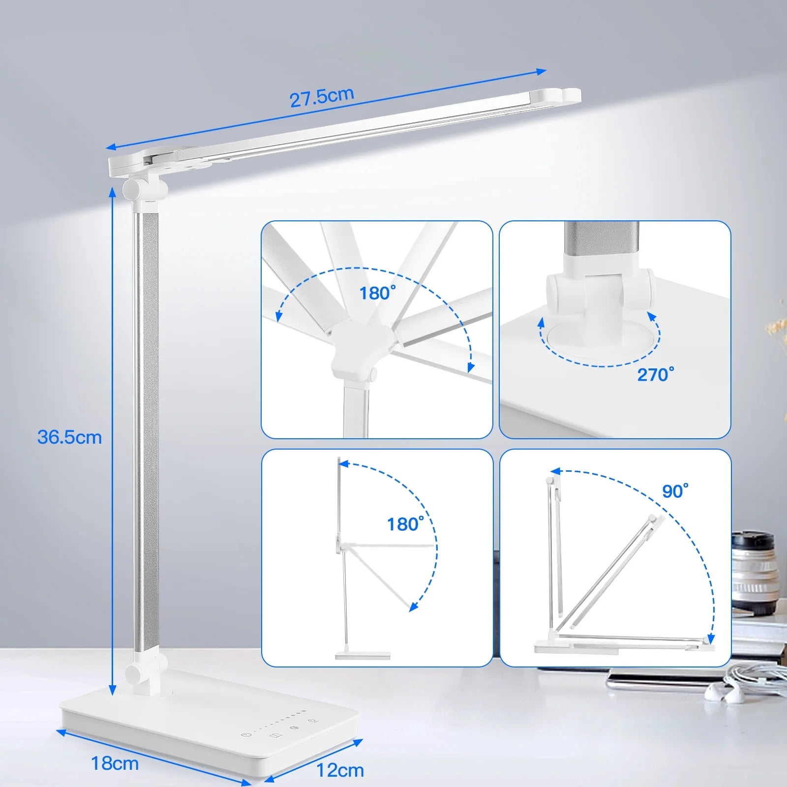Slssqhz Adjustable Foldable Desk Lamp for Home Office,Double Swing Arm Bright LED Desk Light,Eye-Caring Architect Task Lamp,Touch Control Desktop Lamp Dimmable Table Desk Light for Work/Study/Craft
