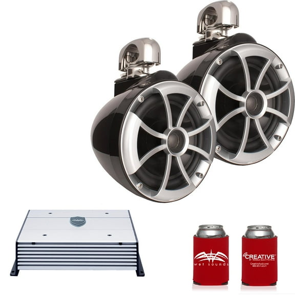 Wet Sounds ICON8B-SC 8" Black Tower Speakers with Stainless Steel Swivel Clamps & HTX2 600 Watt Amplifier