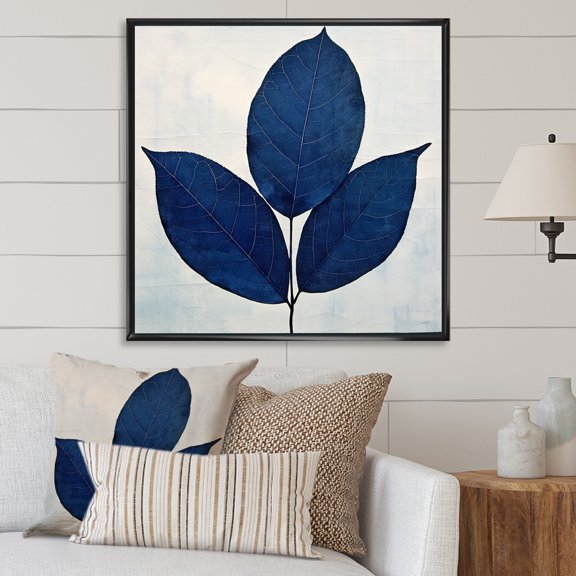 Designart "Silhouette Of Sapphire Blue Leaves I" Leaves Floater Framed Canvas Art Print