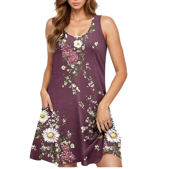 BLTIBY 2025 Womens Dresses Sleeveless Spring Summer Mini Dress Round Neck Printed Casual Fashion Dresses Knee Length Multicolor 2 XXL