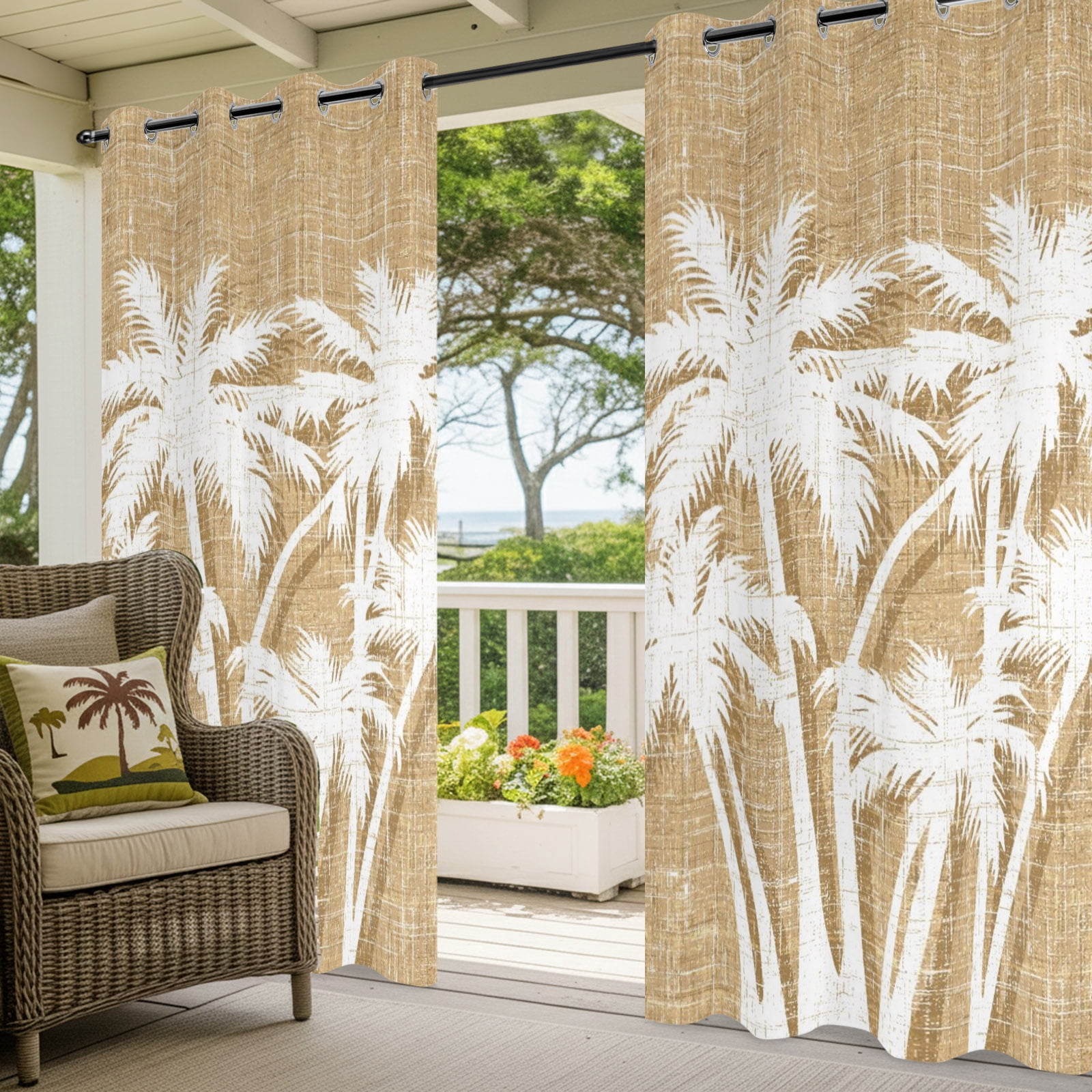 Palm Tree Outdoor Curtains for Patio, Tropical Plant Coastal Summer Khaki Sunshade Privacy Drapes Grommet Waterproof Outside Curtains for Porch/Cabana/Balcony 54"x 108", 1 Panel