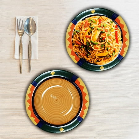 Boho Fiesta Ceramic Pasta Plates - 2 Pieces | Hand Painted Multi Purpose Ceramic Deep Plates, Snack Plates, Starter Plates - 7 Inch, Microwave Safe & Dishwasher Safe