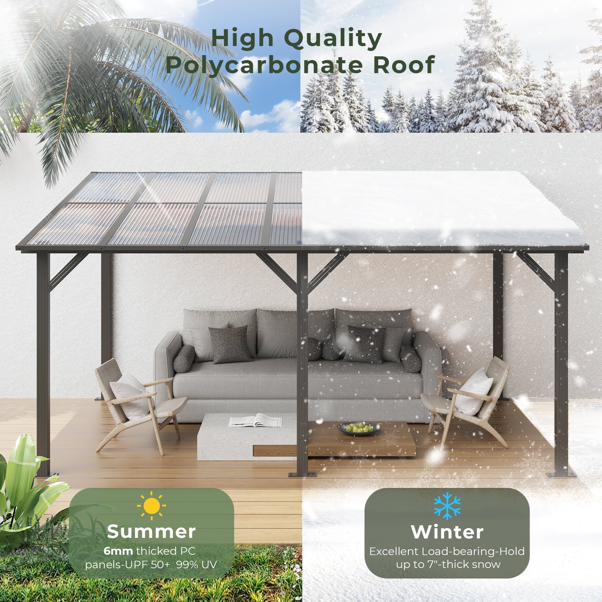 GVDV  14'x10' Wall Mounted Pergola, Aluminum Patio Gazebo with Waterproof & UV Protection, Outdoor Gazebo for Backyard/Deck