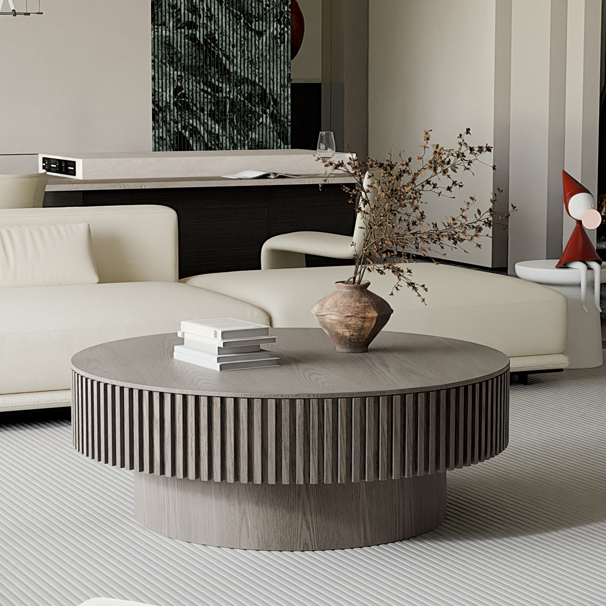 39.37" Round Coffee Table with Storage, Fluted Modern Coffee Table with Hidden Storage, Wood Veneer Center Table for Living Room, Grey