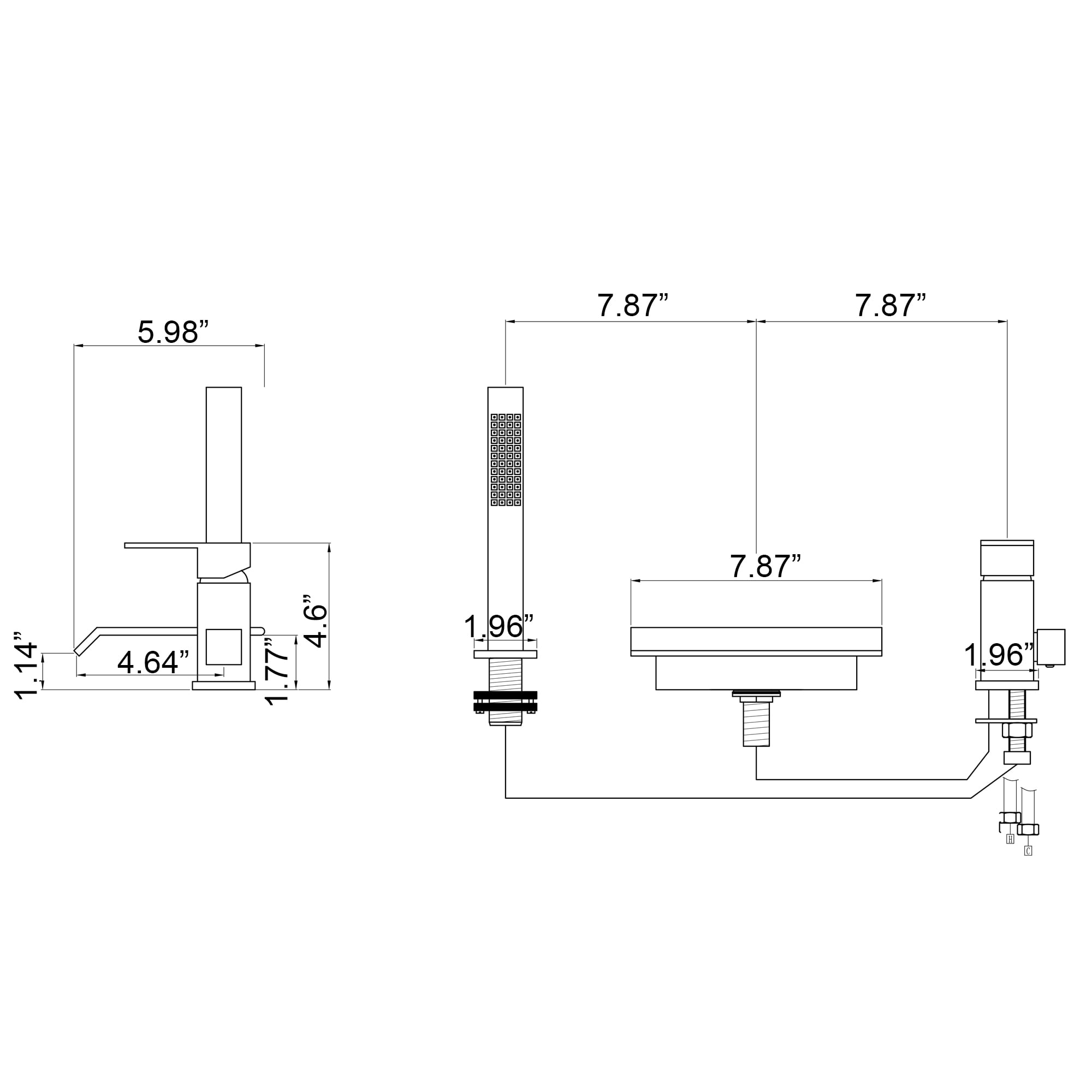 Waterfall Deck Mounted Three Holes Roman Tub Filler with cUPC Ceramic Cartridge, Two Handles Bathtub Faucet with Hand Shower