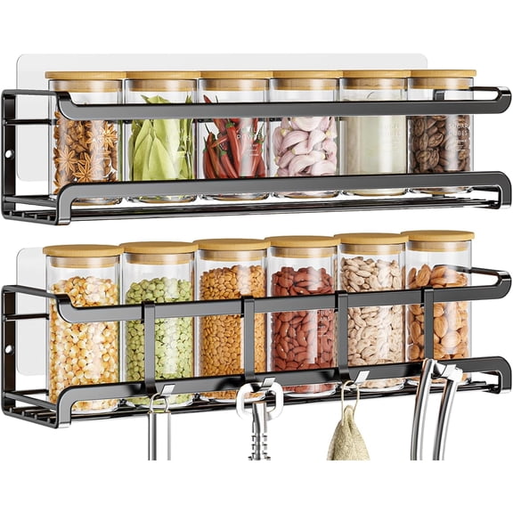 Spice Rack wall mounted 2 Pack, Space-Saving Spice Organizer for Spice Jars and Seasonings,Screw or Adhesive Hanging Spice Rack Organizer for Your Kitchen Cabinet,or Pantry Door