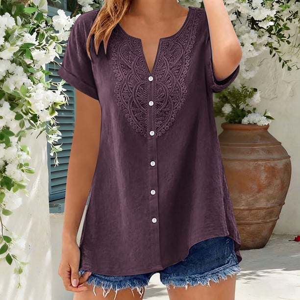 Craaazy Women's Relaxed Fit V Neck Blouse, Solid Color Short Sleeve Lace Trim Top, Loose Comfy Summer Tee for Work & Weekend Gifts