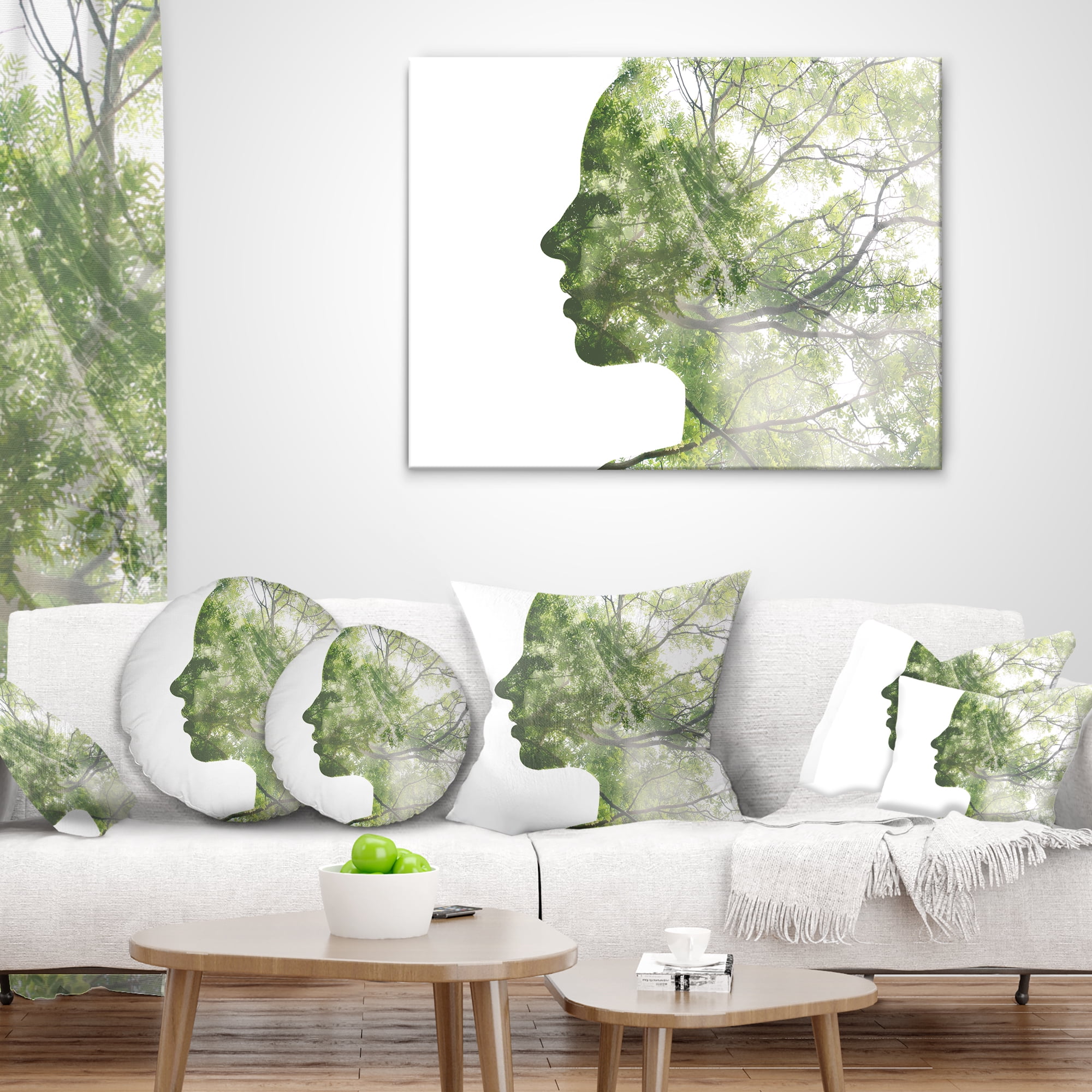 Designart Lady Combined With Green Tree - Portrait Throw Pillow - 12x20