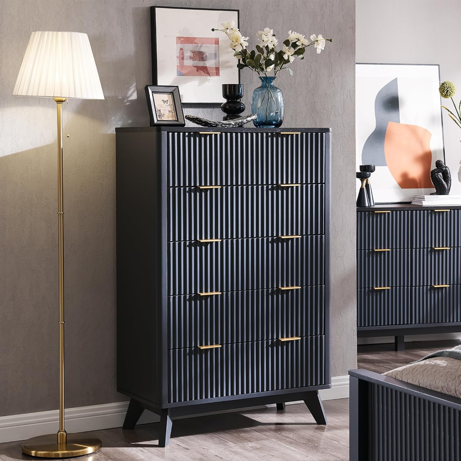 OKD Fluted 5 Drawers Dresser, Modern Wood Chest of Drawers with Faux Marble Top, Curved Profile Design for Bedroom, Living Room, Hallway, Entryway, Dark Grey