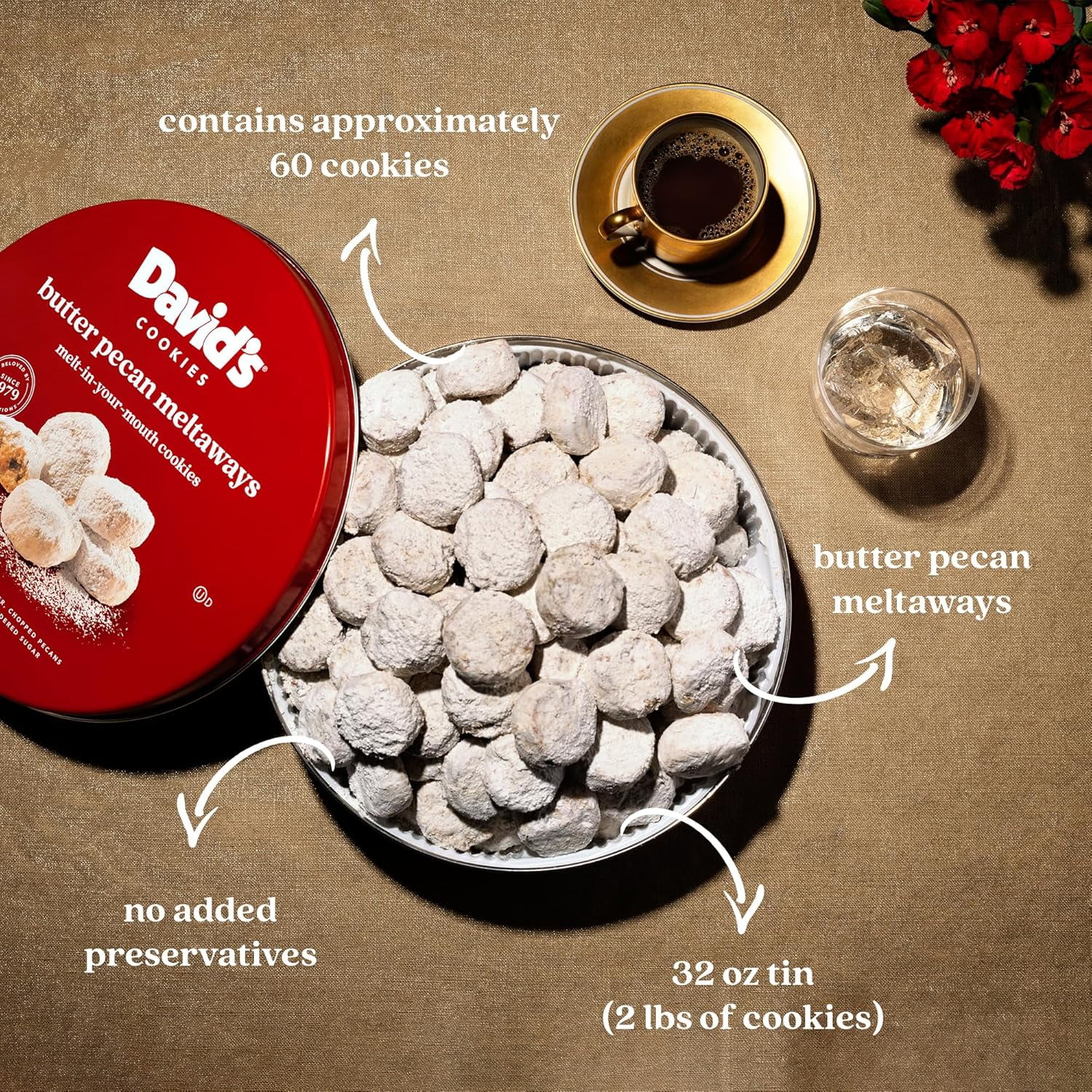 David’s Cookies Butter Pecan Meltaway Pecan Butter Cookies Meltaway Bakery Desserts in Gift Tin, 32 oz 2-Pack