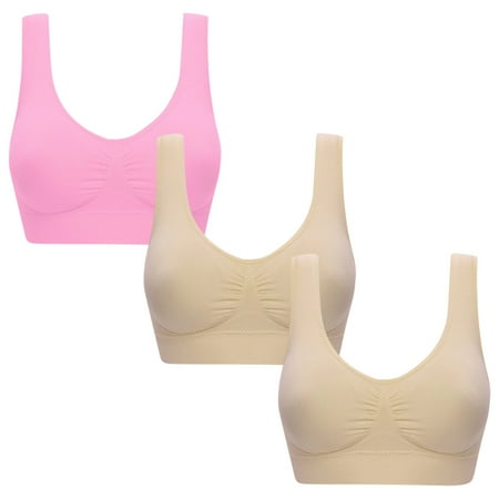 miqiqism 3-Pack Women s Seamless Sports Bra Wirefree Yoga Bra with Removable Pads for Women Casual Pure Brassiere Trendy Pleated Bralette Pink XX-Large