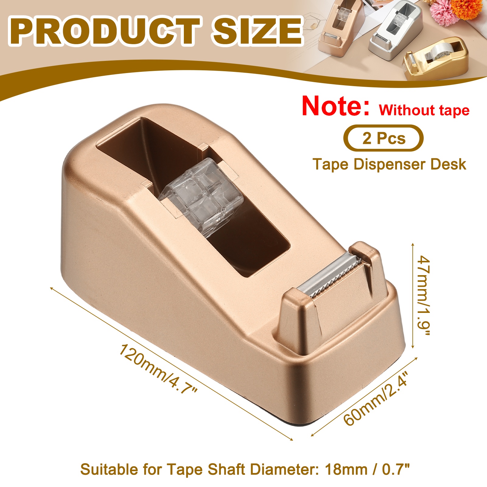 2pcs Tape Dispenser Desk, Heavy Duty Tape Dispenser Desktop Light Luxury Frosted Dispensers Holder Non-Skid Base Elegant for Home Office Desktop Small Business Gift, Rose Gold