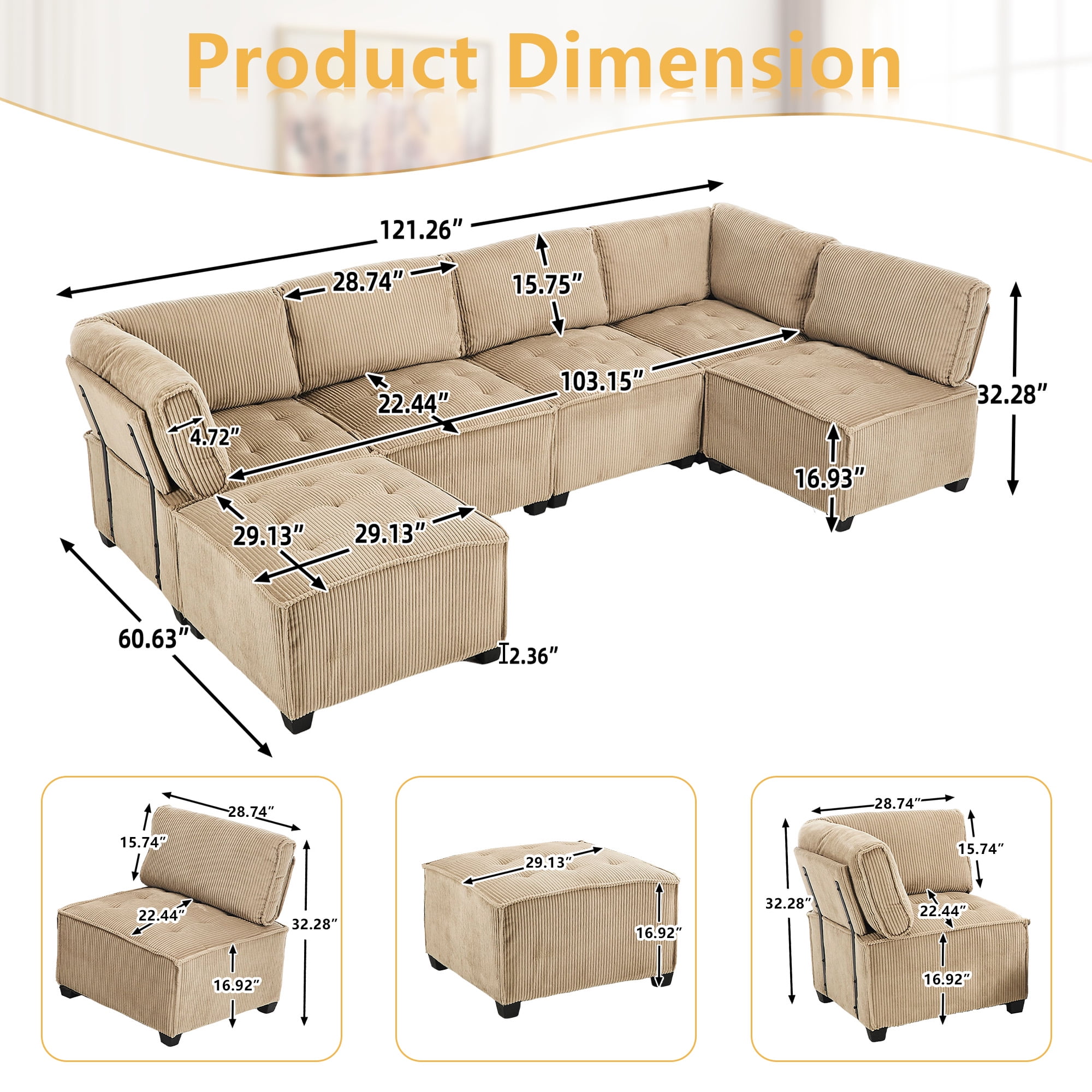 MOONMISS U-Shaped Corduroy Upholstered 6-Seat Convertible Modular Sectional Sofa Fit for Living Room-Khaki