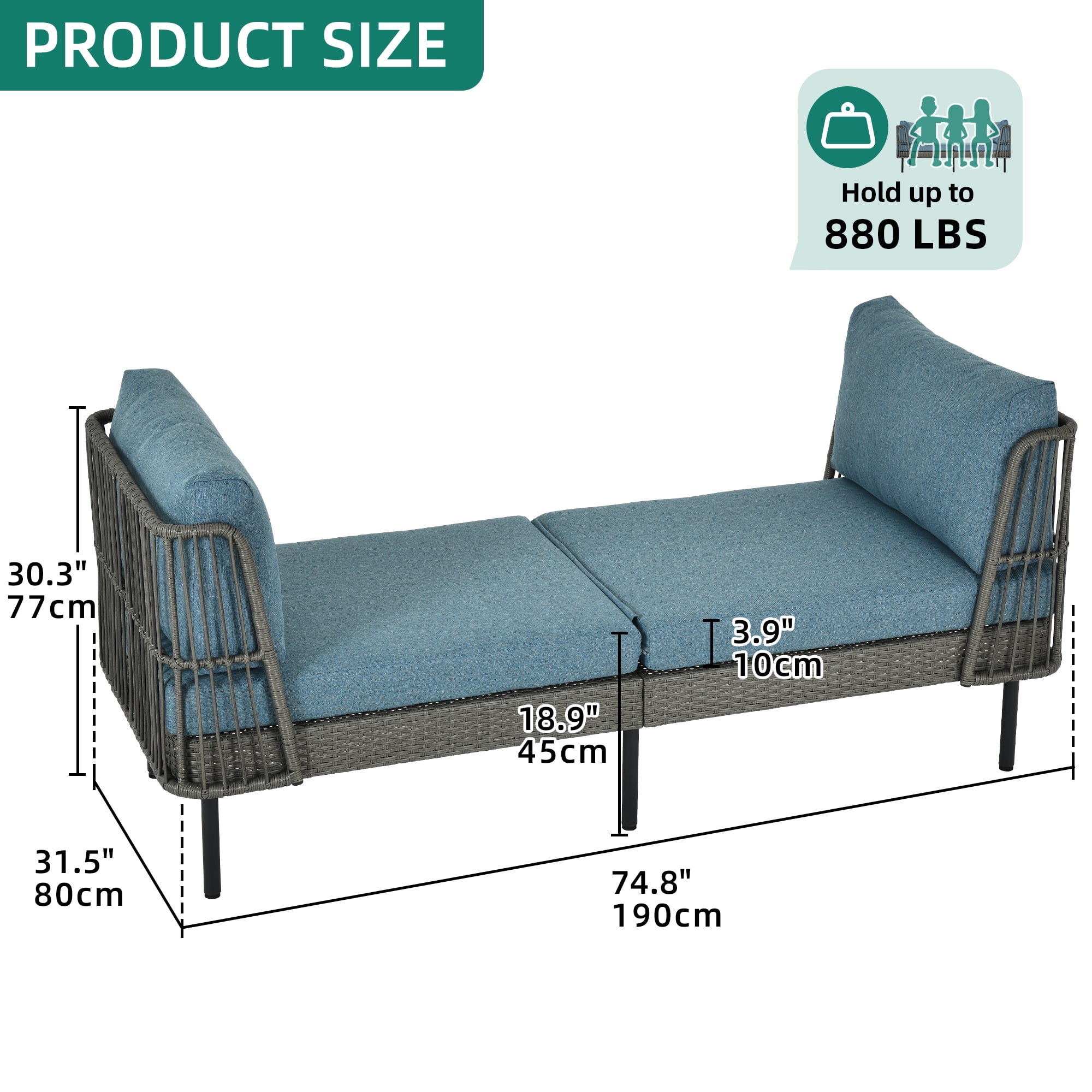 Dextrus Outdoor Daybed 74in Wicker Patio Sofa Bed With Thickness Cushion Indoor Bed Lounger for Balcony Garden Deck Lawn - Blue