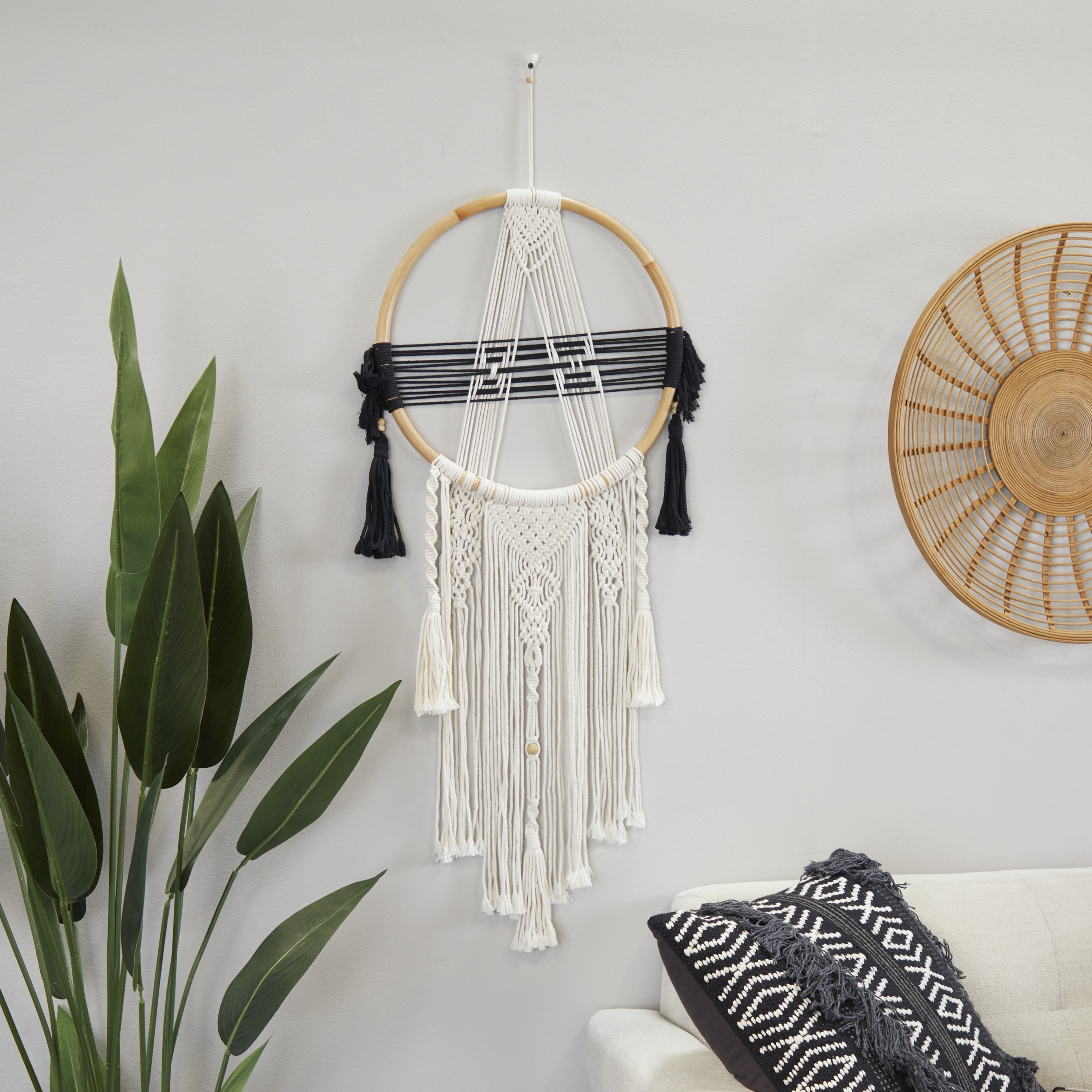 DecMode Black Cotton Handmade Intricately Weaved Macrame Wall Decor with Beaded Fringe Tassels