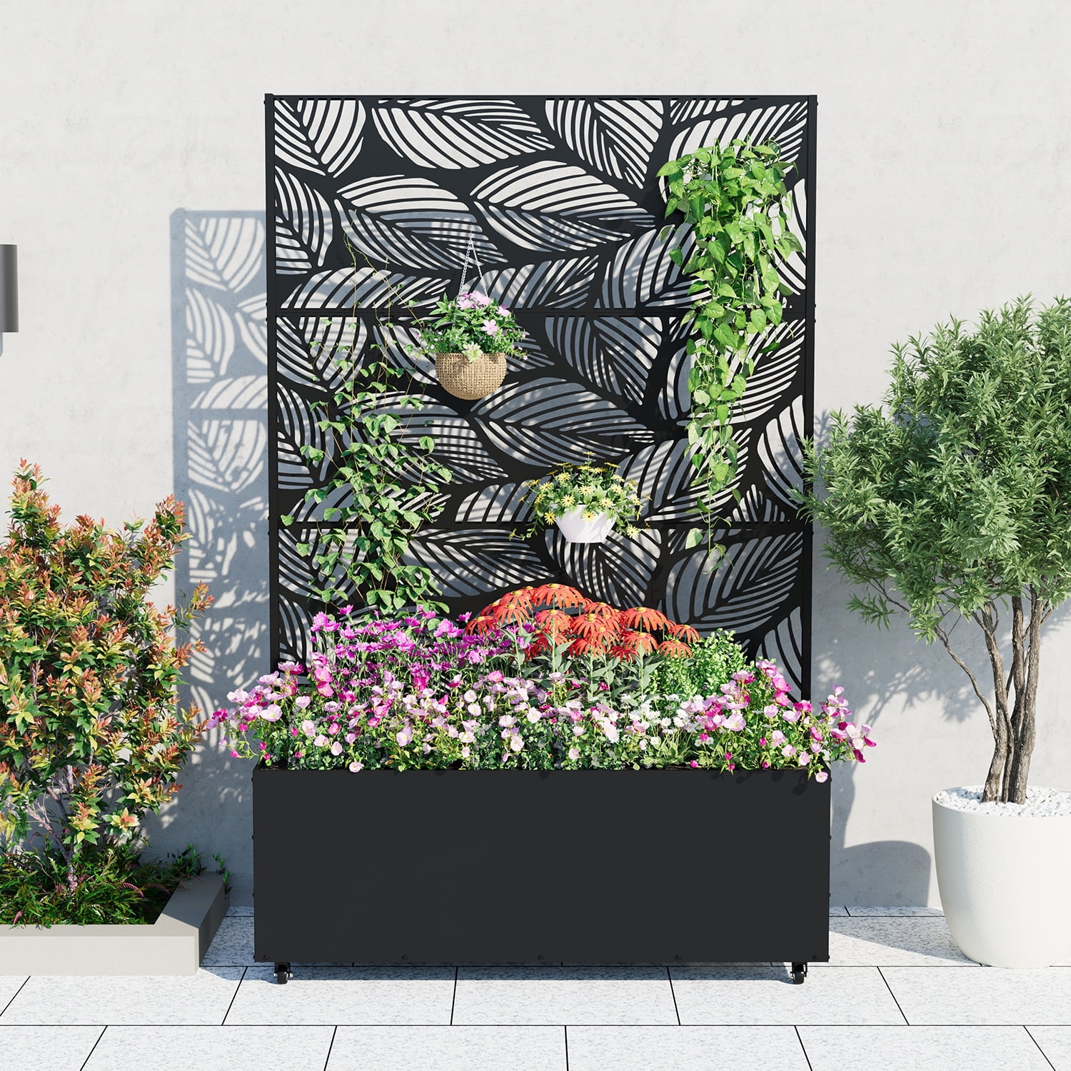 Ataucjin 16" Deep Planting Bed with Drainage Holes,Metal Planter Box with Trellis, Raised Garden Bed with Wheels, Deep Privacy Screen for Climbing Plants,47"X16"X71"