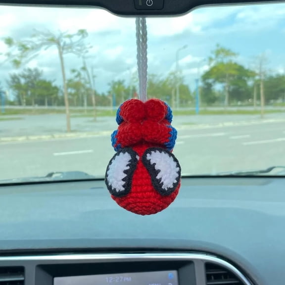 Crochet Spider Car Hanger Ornament, Cute Hero Rearview Mirror Decoration, Handmade Spider Amigurumi Plush, Car Charm Gift for Him or Her, Funny Car Accessory