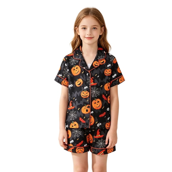 LIIPEE Boys Girls Halloween Graphic Pajamas Short Sleeve Shirts And Shorts Pajama Sets Kids Holiday Sleepwear 7-12 Years