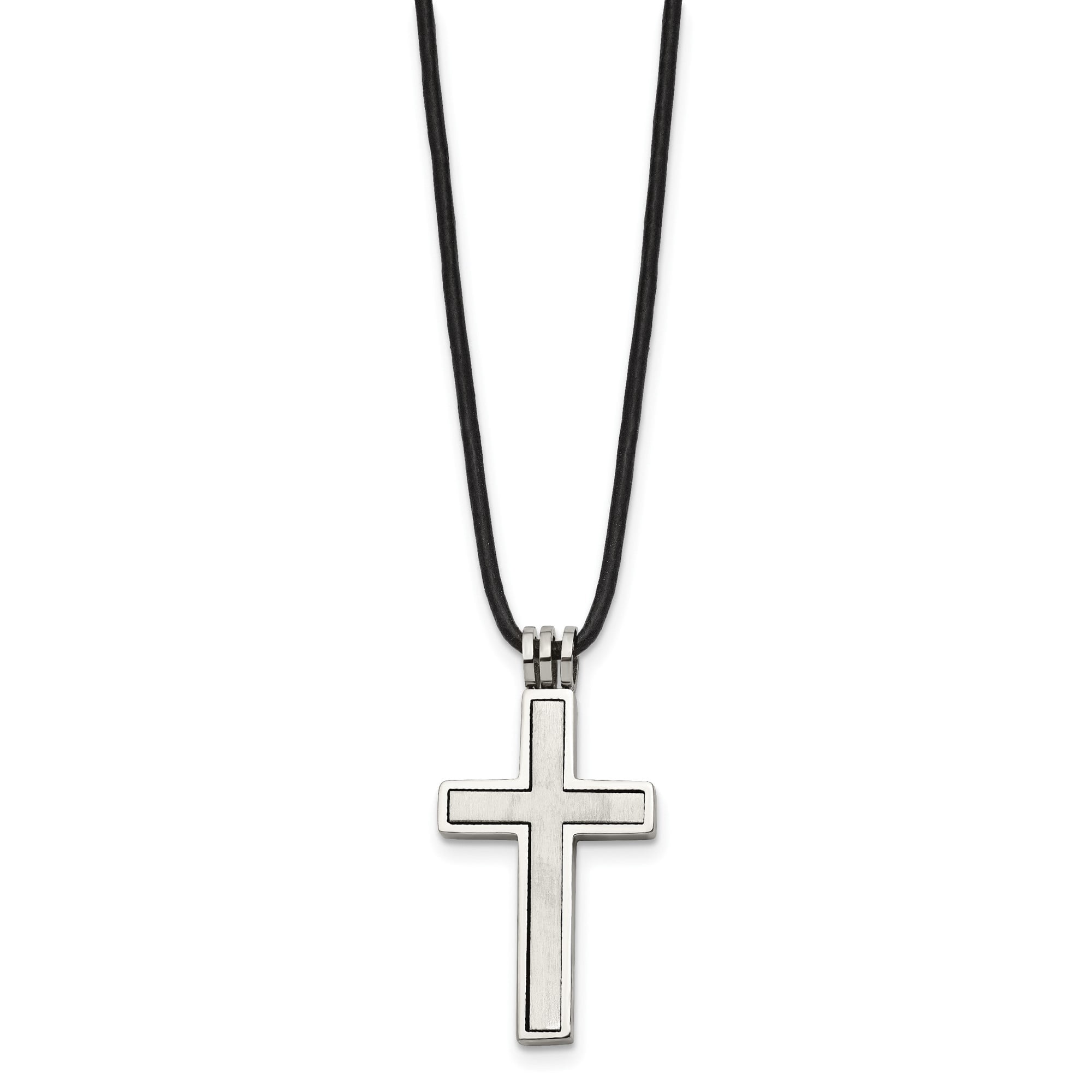 Stainless Steel Cross Pendant Necklace on 18 in Black Leather Cord for Men