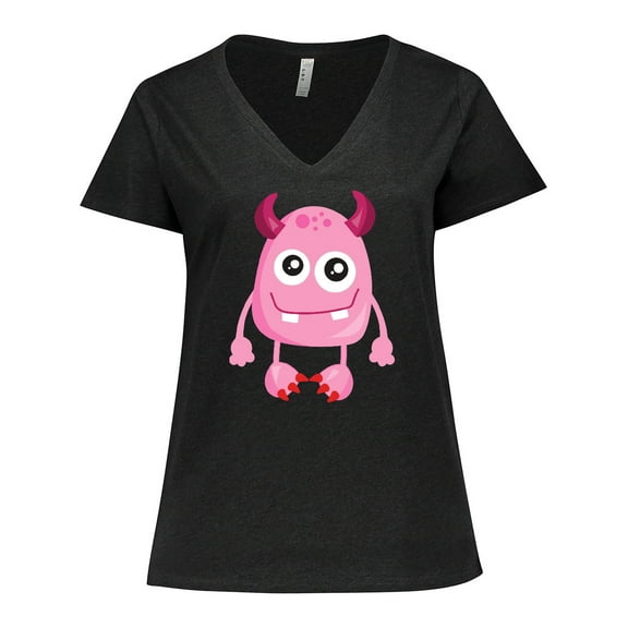 Inktastic Cute Monster, Pink Monster, Funny Monster, Horns Women's Plus Size V-Neck T-Shirt