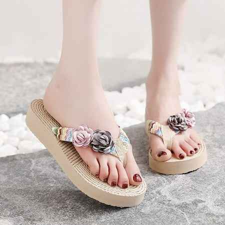 

Women Weave Beach Breathable Sandals Home Slipper Flowers Flip-Flops Flat Shoes