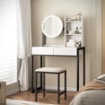 thumbnail image 2 of Makeup Vanity Desk with Mirror and Lights,Small Dressing Table with 2 Drawers & Open Shelves and Cushioned Stool,3 Lighting Modes for Bedroom,Small Space,Black, 2 of 8
