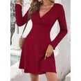 thumbnail image 6 of Womens Fall Long Sleeve Mini Dress Wrap V Neck Flowy Swing A-Line Casual Dressy Business Work Dresses Wine Red XXL, 6 of 8
