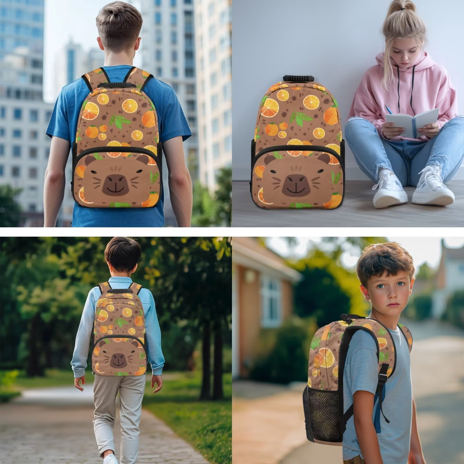 Pzuqiu Capybara Orange Girls Backpack with Lunch Box Pencil Case 2pcs Bookmark Back Pack for School Girls Kids 17 Inch Backpacks Kawaii Casual Travel Daypack for Kids,4pcs