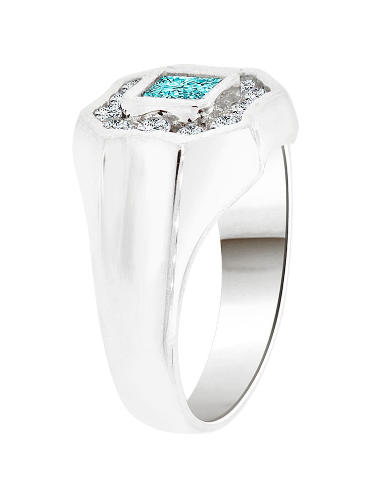 Classic Ring Men Guy Gent Synthetic Mar Birthstone Blue CZ White Rhodium Plated Metal 