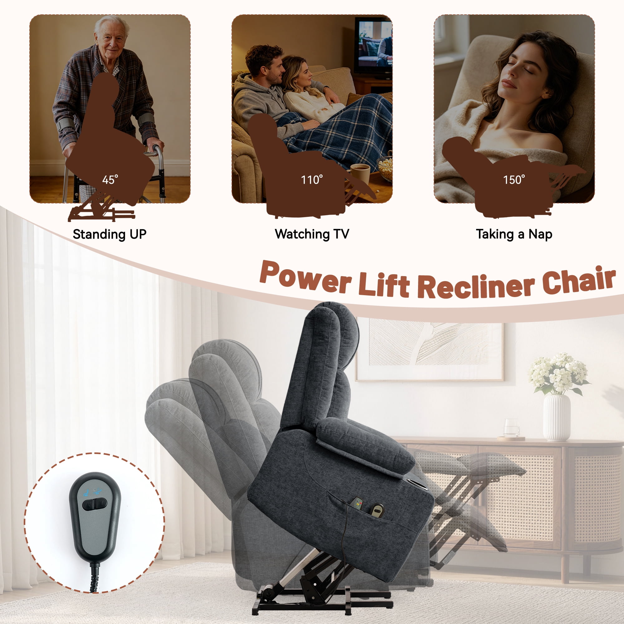 Korser Power Lift Recliner Chair for Elderly with Massage and Heat,Electric Lift Reclining Chair with Side Pockets and Cup Holders,Massage Recliner Chair for Living Room,Chenille,Dark Grey