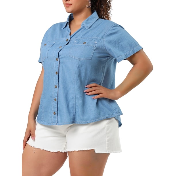Women's Plus Size Shirt Short Sleeve Chest Pocket Button Down Denim Shirts Light Blue 1X