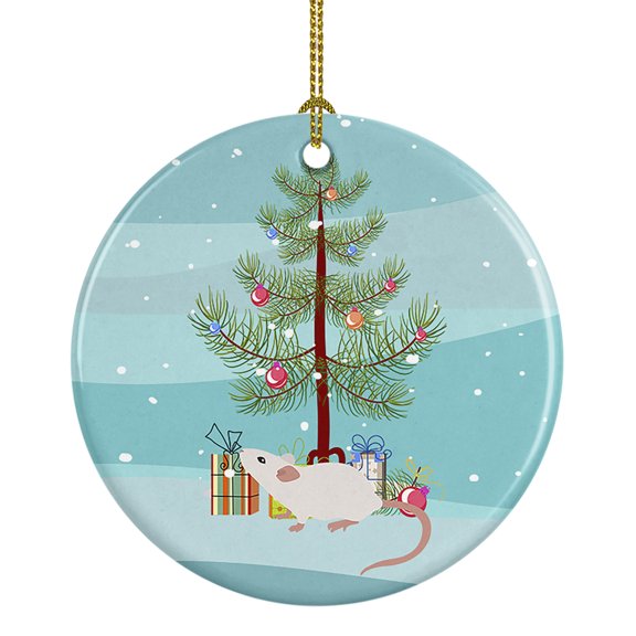 White Domestic Mouse Merry Christmas Ceramic Ornament 2.8 in x 2.8 in