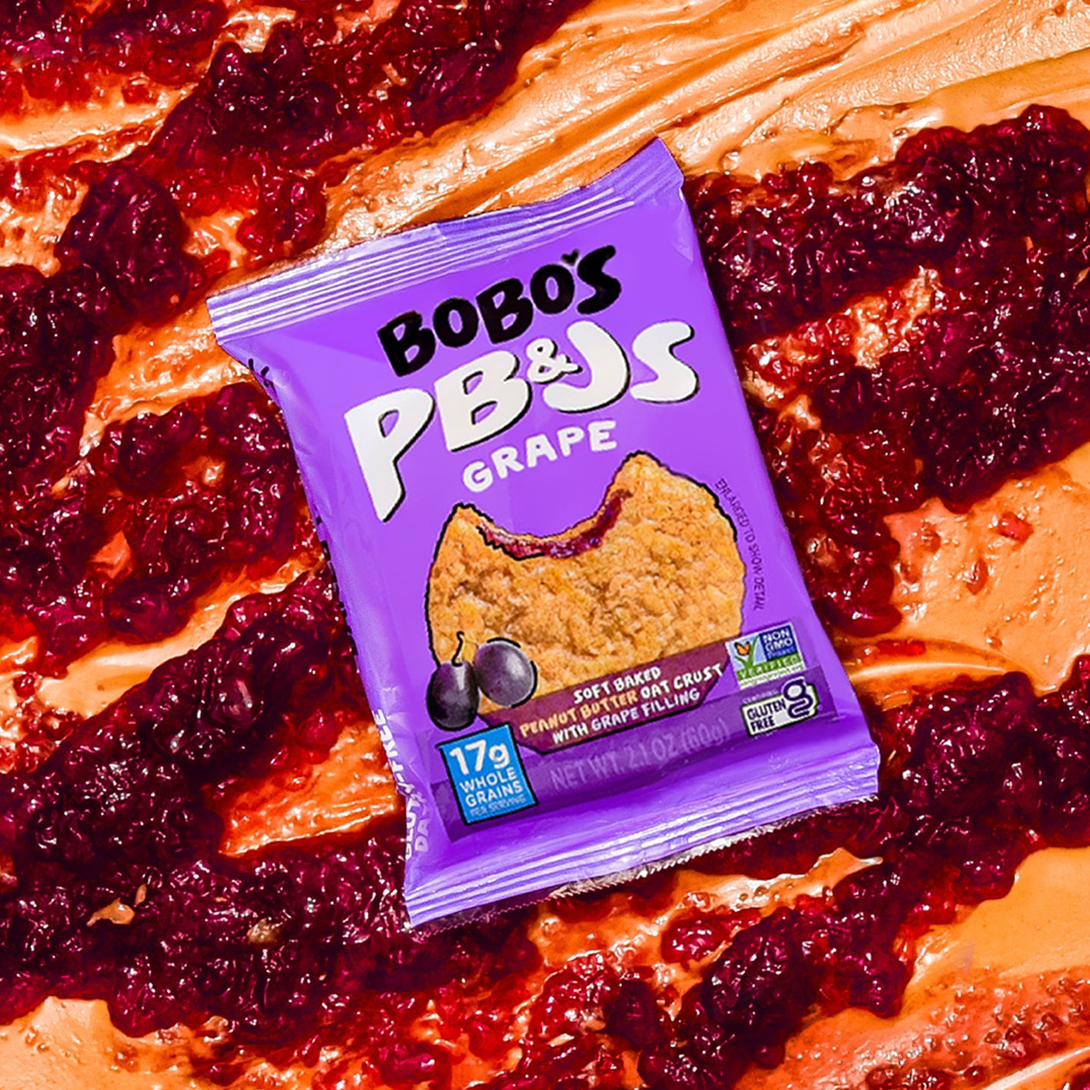 (6 pack) Bobo's PB&Js, Peanut Butter Oat Crust With Grape Filling, 5 Pack of 2.1oz oat snacks