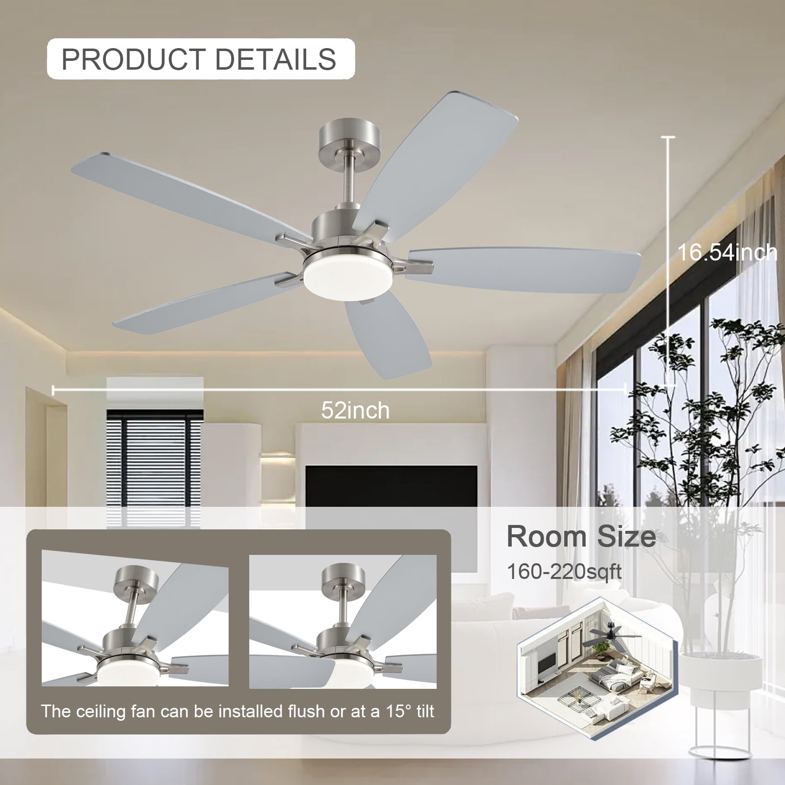 Low Profile Ceiling Fan with Lights, 52 inch Modern Nickel Ceiling Fans with Lights APP/Remote Control,6 Speeds Ceiling Fan Light for Indoor/Outdoor Patio Bedroom Living Room