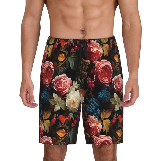 Balery Rose Flowers Pantalones cortos de pijama de punto de algodón para hombre con cinturilla y bolsillos-Large