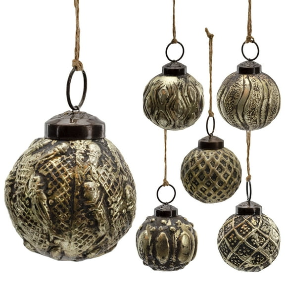 AuldHome Design Farmhouse Ball Ornaments (Set of 6, 2", Antique Gold); Distressed Metal Tin Glass Ball Vintage Style Christmas Decorations